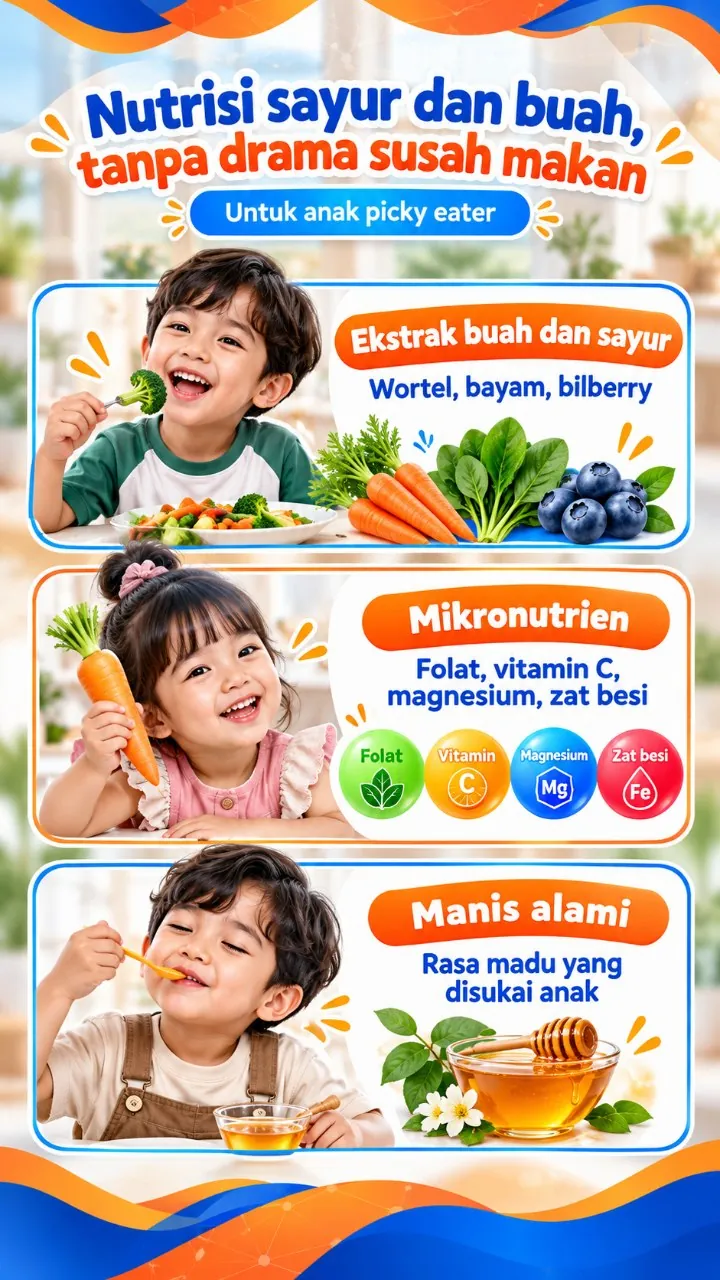 Isi nutrisi Generos VisiKids: wortel, bayam, bilberry, folat, vitamin C, magnesium, zat besi, dengan rasa madu yang disukai anak.