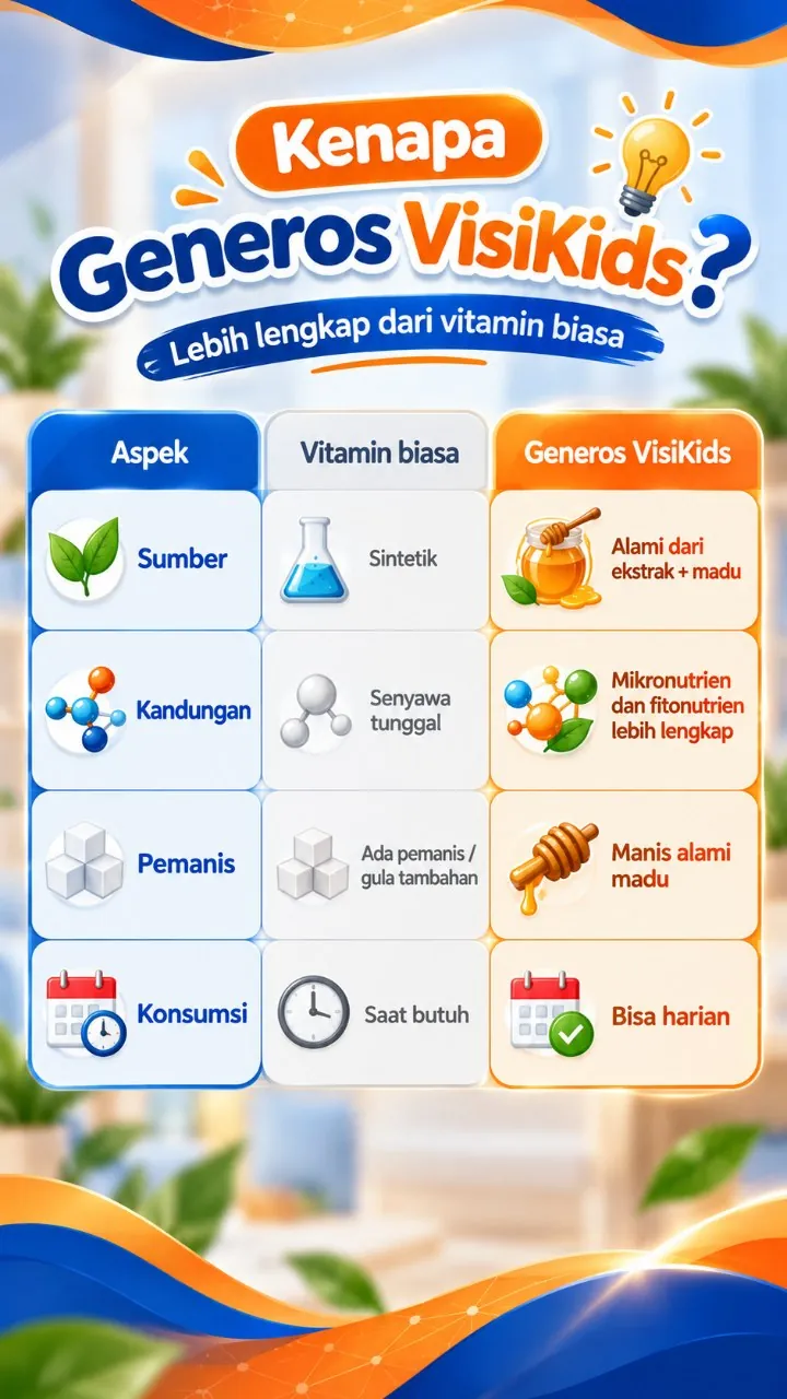 Perbandingan vitamin biasa dengan Generos VisiKids: alami dari ekstrak dan madu, mikronutrien dan fitonutrien, manis alami madu.