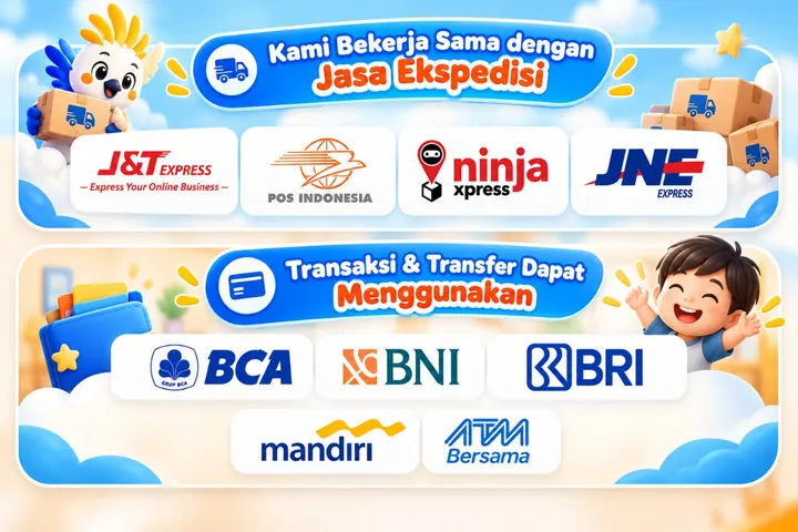 Pengiriman bersama J&T, JNE, POS Indonesia, dan Ninja Xpress. Pembayaran transfer BCA, BNI, BRI, Mandiri, dan ATM.